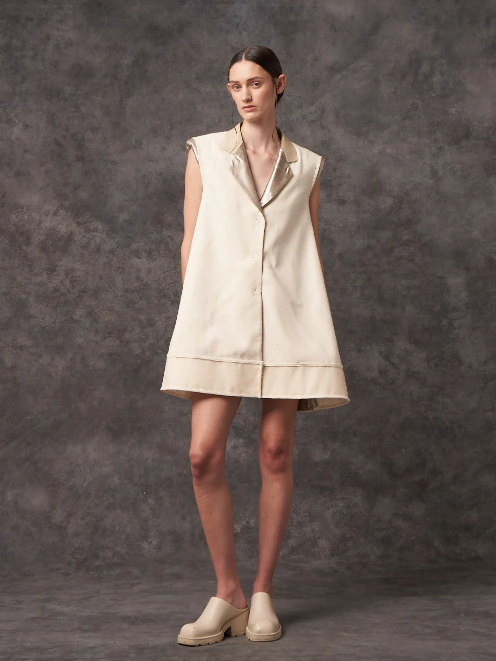 Ecru reclaimed silk tailored umbrella dress