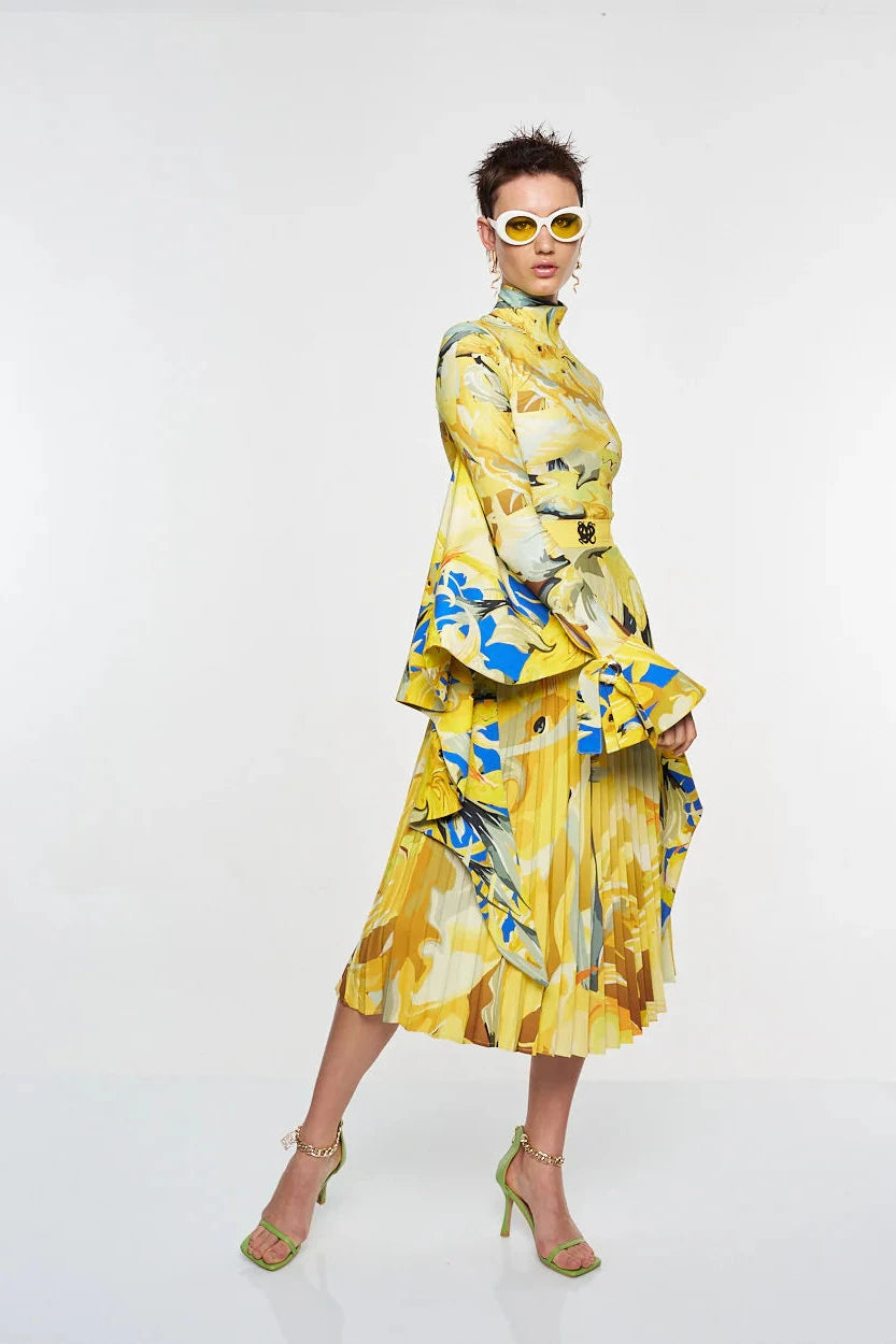 Yellow Koi Pleated Skirt