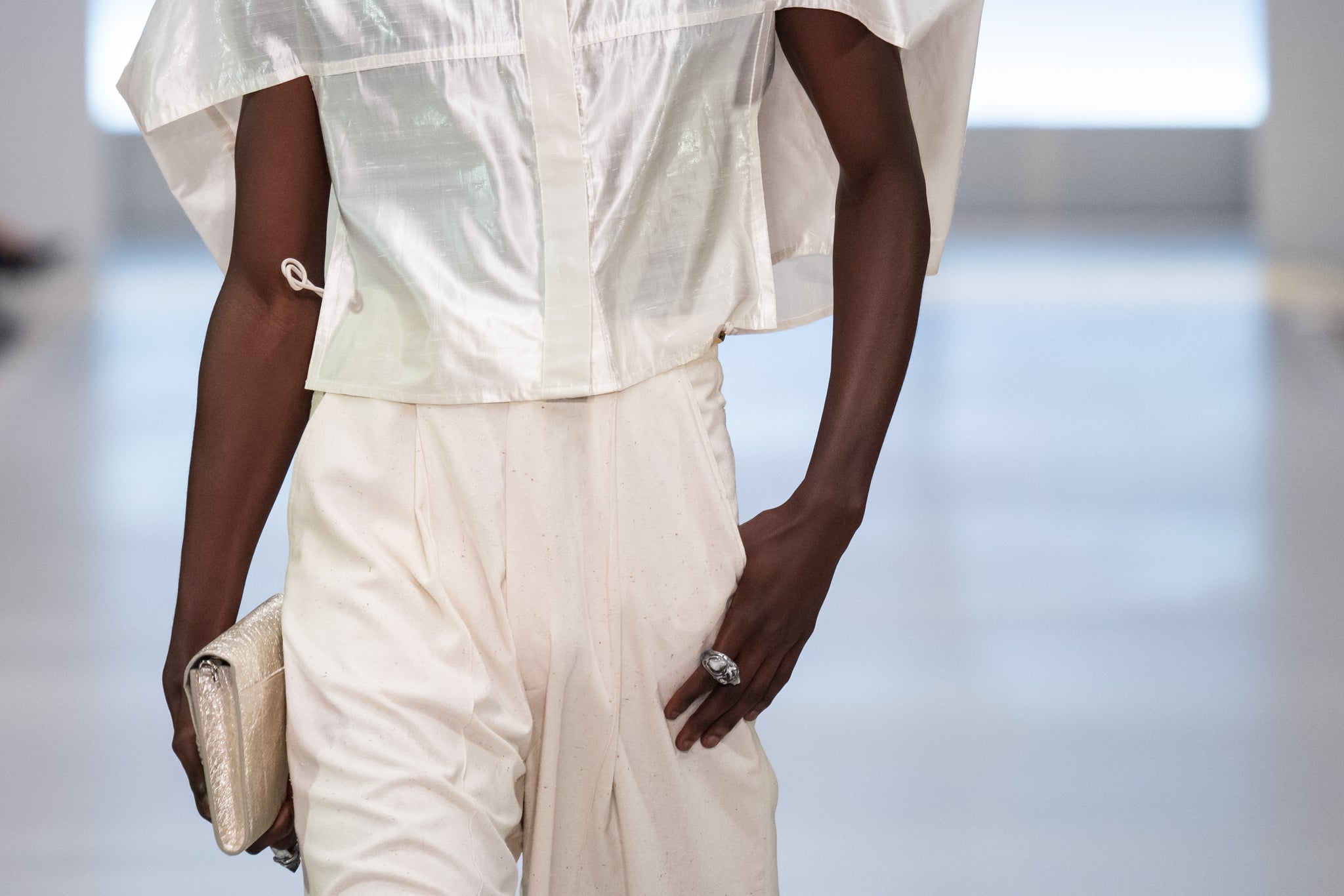 Off White Silk Lame Cropped Cocoon Shirt